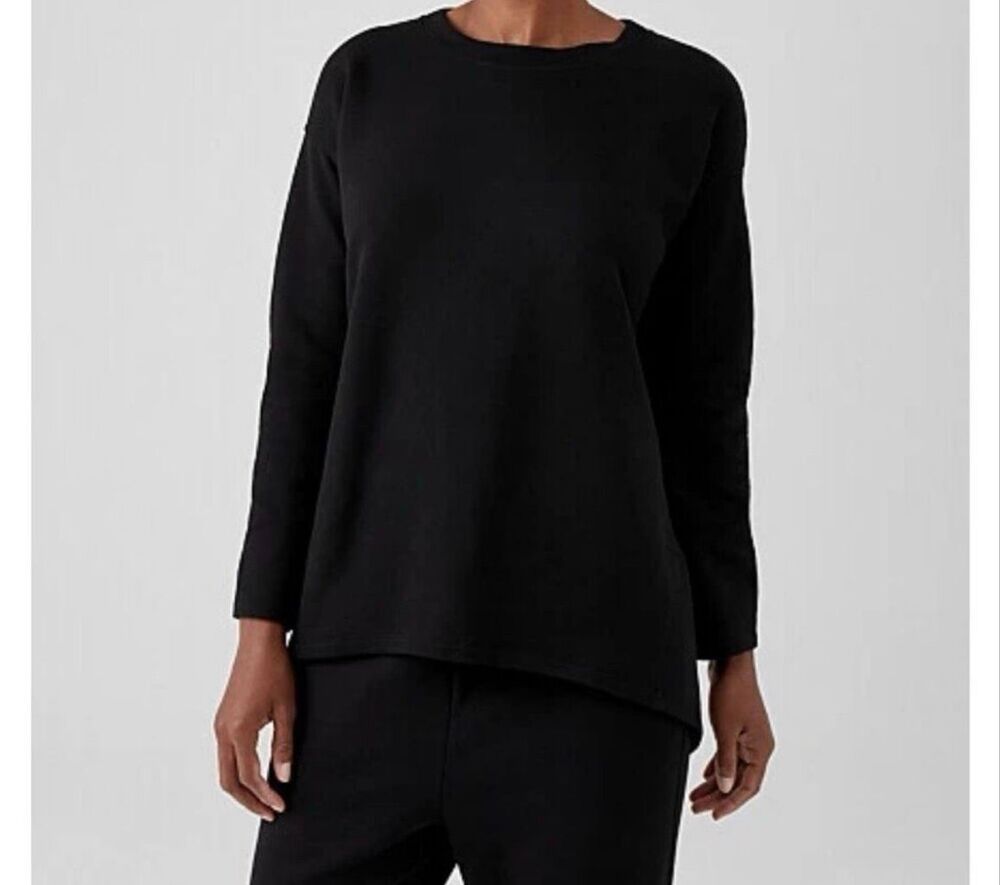 Eileen Fisher $198 Organic Cotton Crewneck Terry High-Low Top Black XXS NEW
